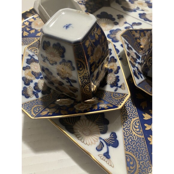 Antique 7 Piece Fukagawa Koransha Cobalt Blue and Gold Gilt Tea Set W Platter - Picture 11 of 15